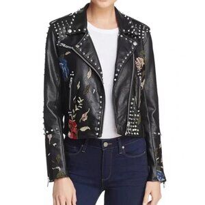 Black Vegan Leather Jacket with Floral Embroidery Studded Chic Punk Blank NYC